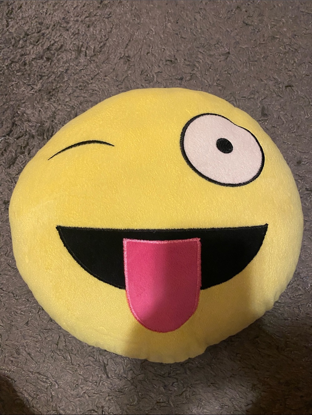 Yellow Winking Emoji Pillow with Pink Tongue